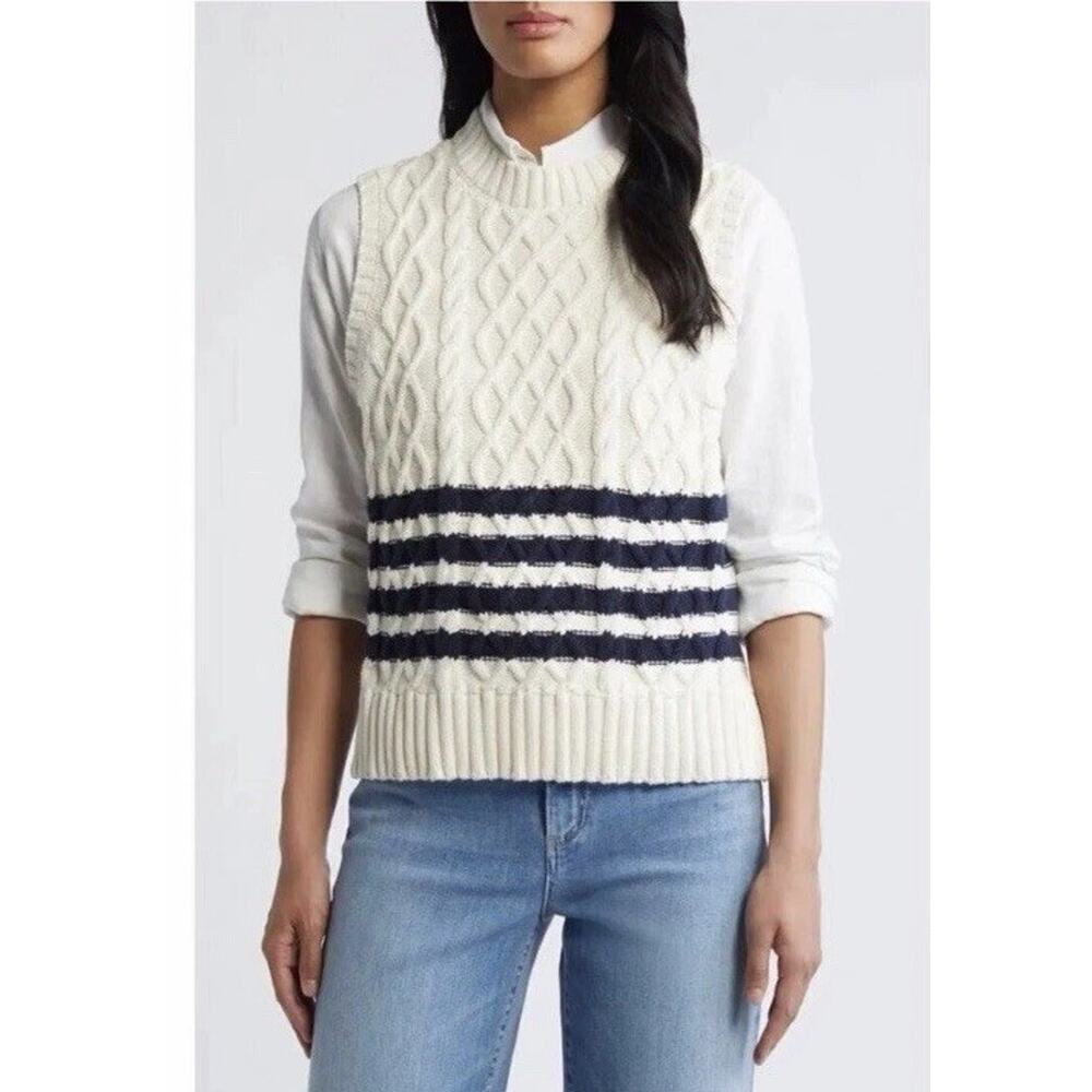 Nordstrom Caslon White Cable Knit Pima Cotton Sweater Nautical Preppy XS NEW